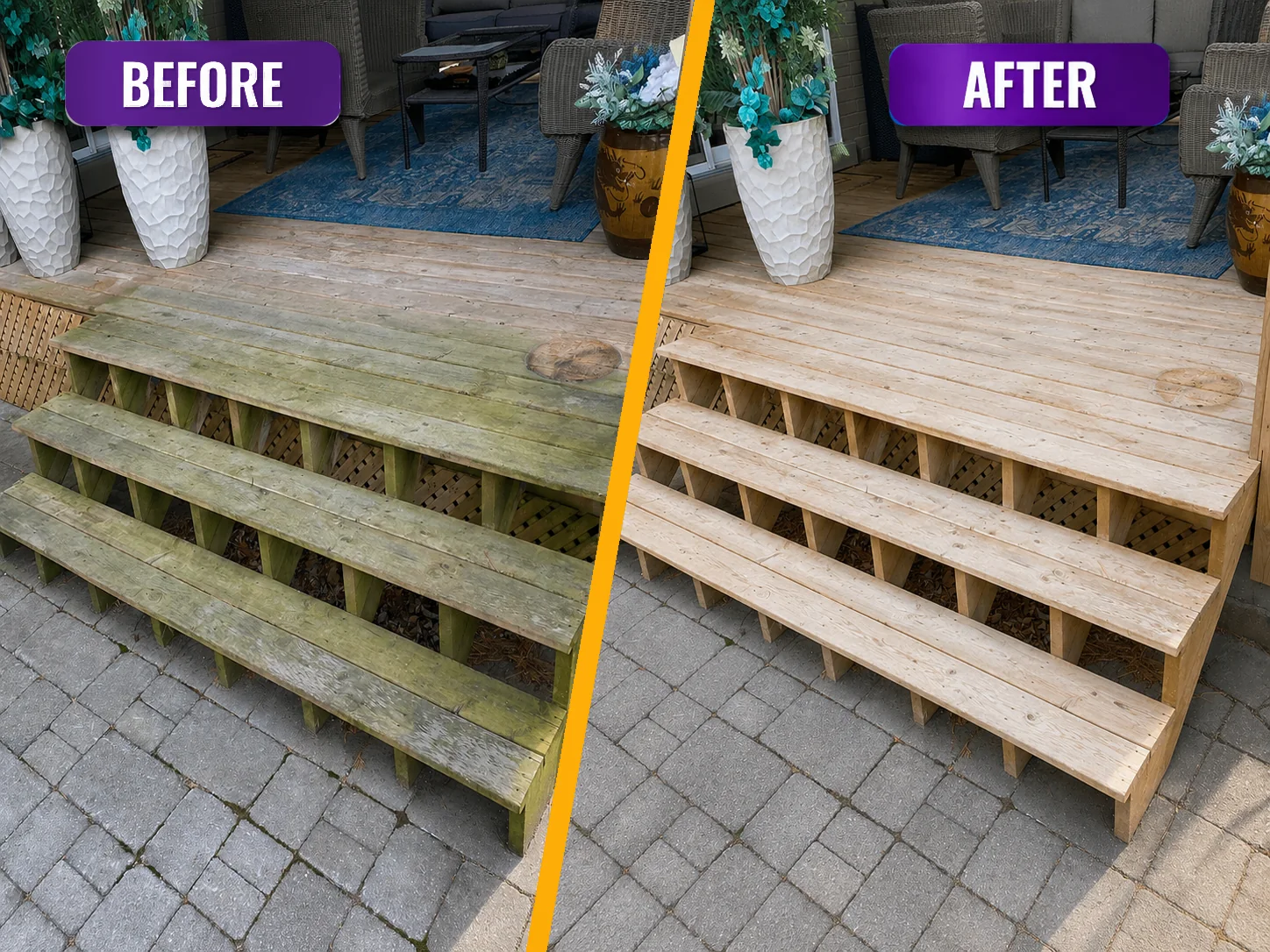 Before and after cleaning wooden deck steps