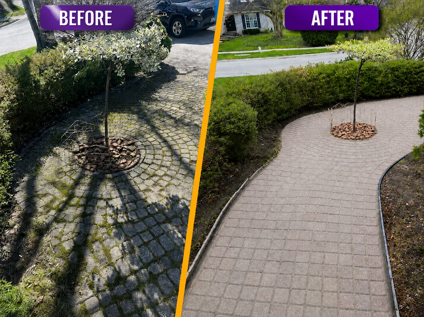 Before and after cleaning a curved interlock walkway