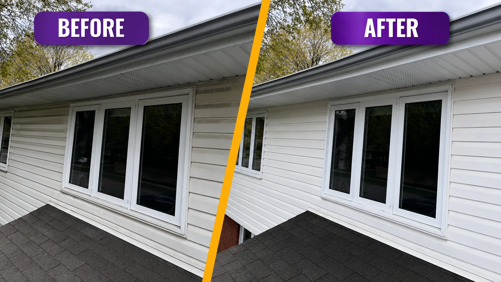 Before and after cleaning white siding and exterior windows